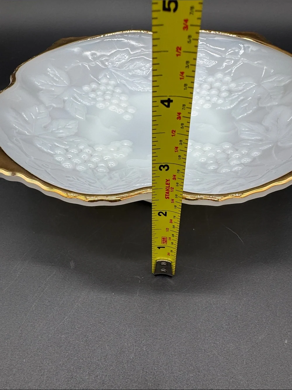 Vintage Anchor Hocking White Milk Glass Dish Bowl Embossed Grapes with Gold Trim